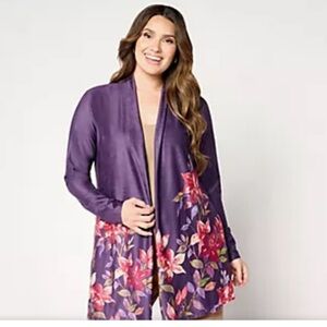 Susan Graver Printed Floral Faux Suede Open Front Cardigan Duster Purple Size 1X